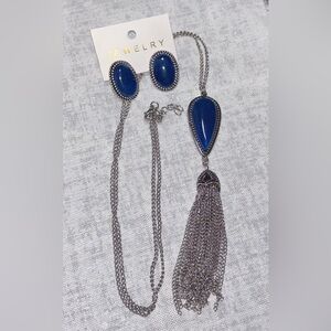 Blue Teardrop Tassel Necklace and Earrings Set - Silver Tone